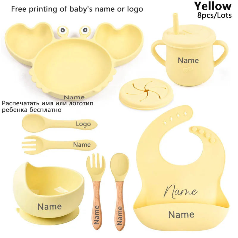 Silicone Baby Feeding Set with Crab Plate Suction Bowl Tray Bib Spoon - Personalized Name Kids Diningware in Assorted Colors