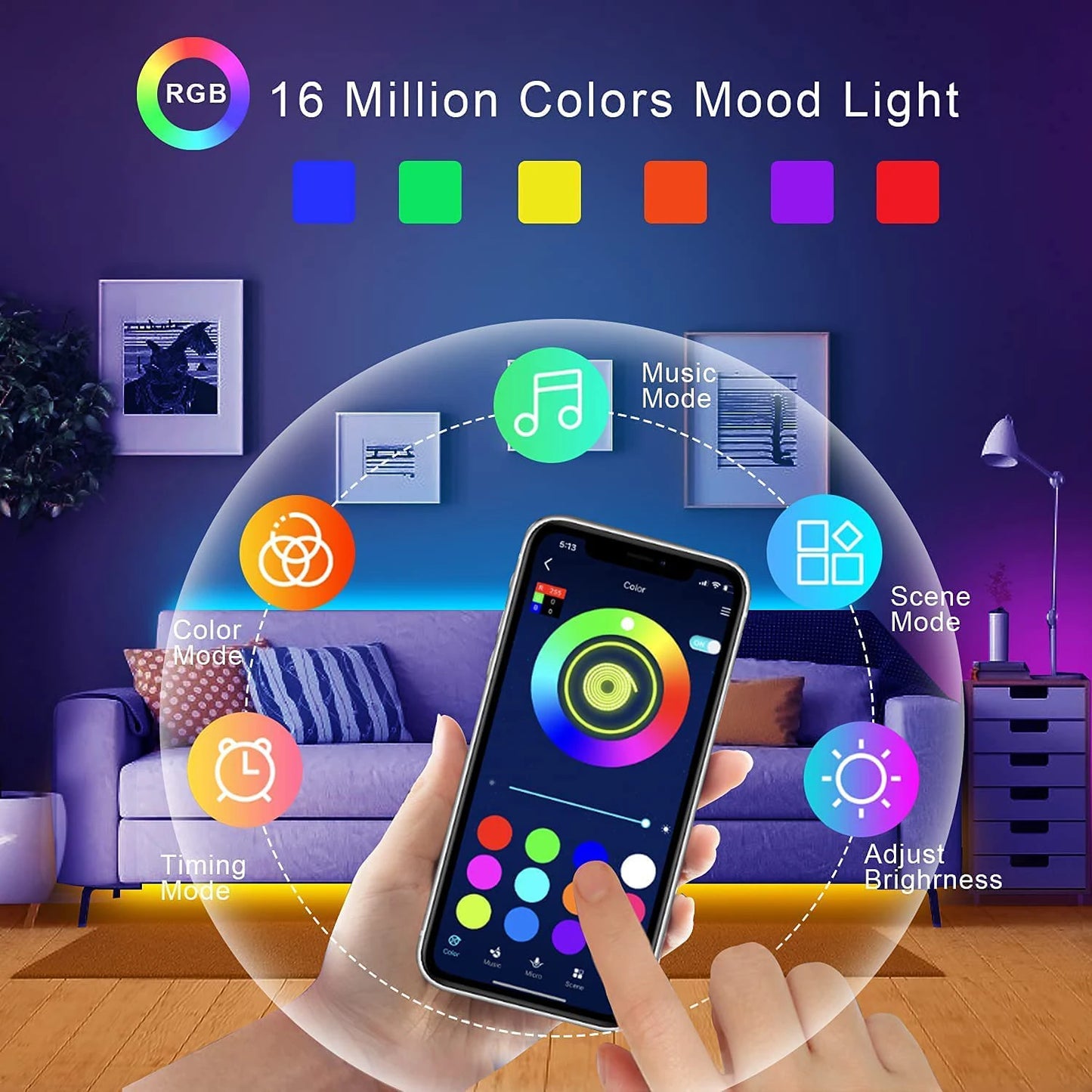 RGB LED Strip Lights with App Control for Room Decoration