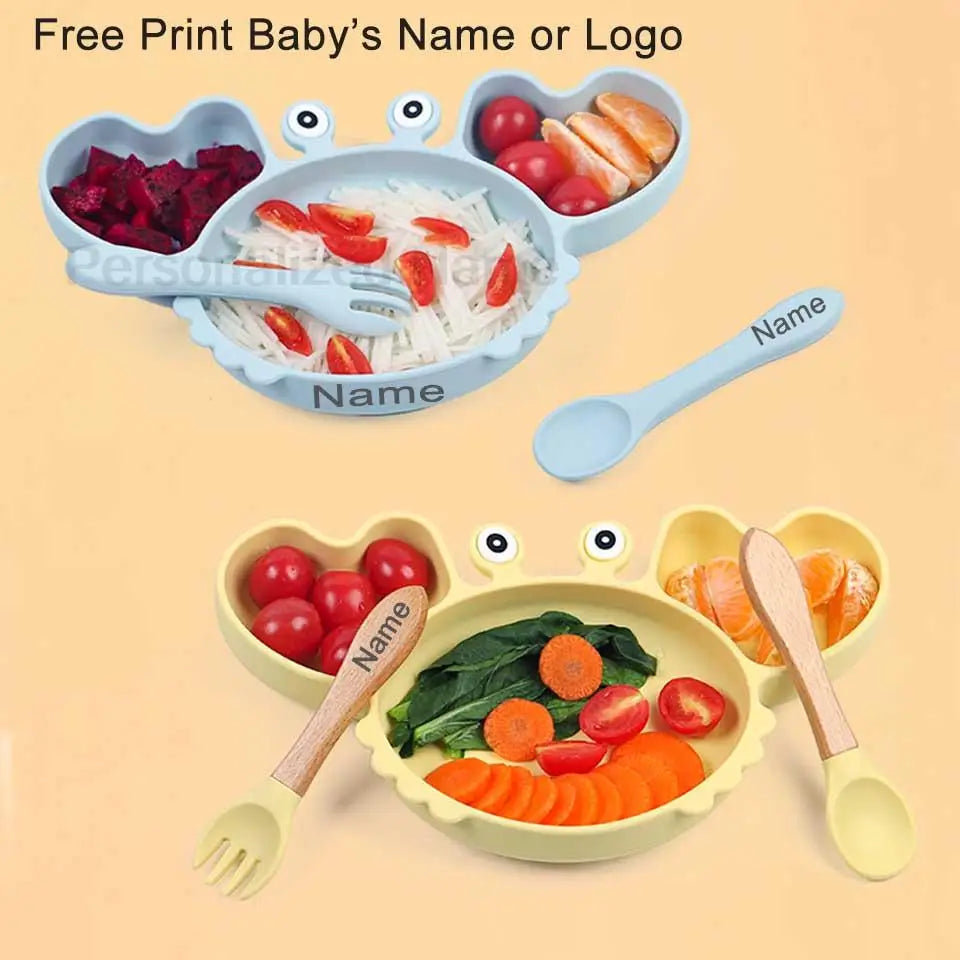 Silicone Baby Feeding Set with Crab Plate Suction Bowl Tray Bib Spoon - Personalized Name Kids Diningware in Assorted Colors