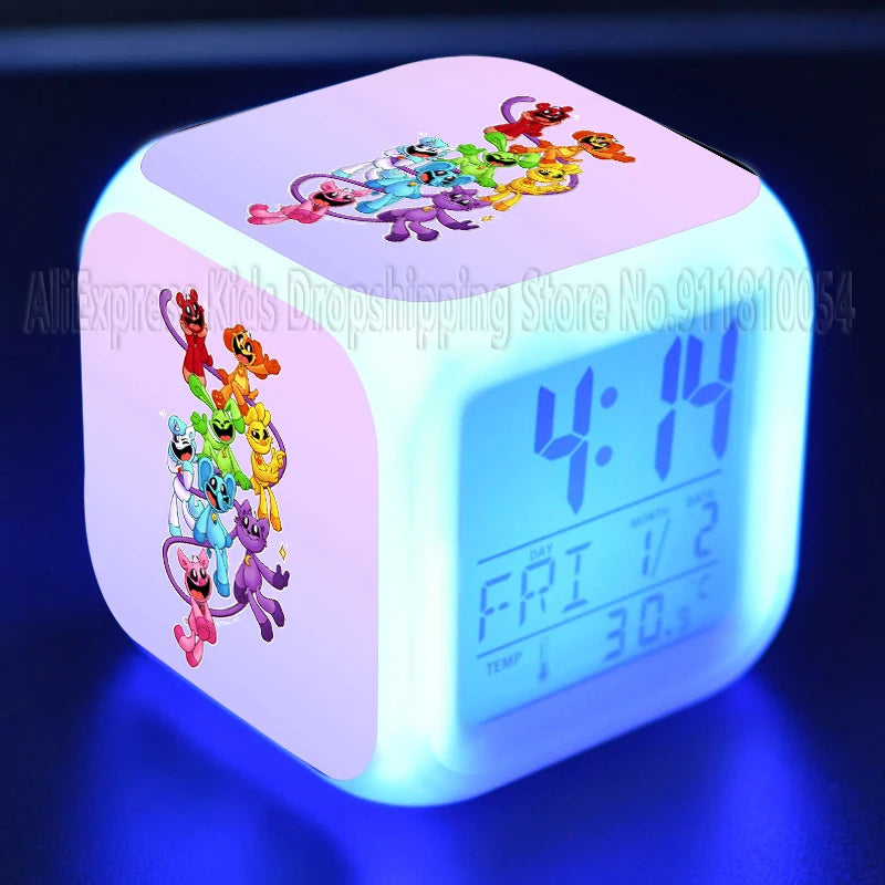 Smiling Critter LED Night Light Alarm Clock Catnap Cartoon Desk Clock with Date & Temperature Display for Kids Birthday Gift
