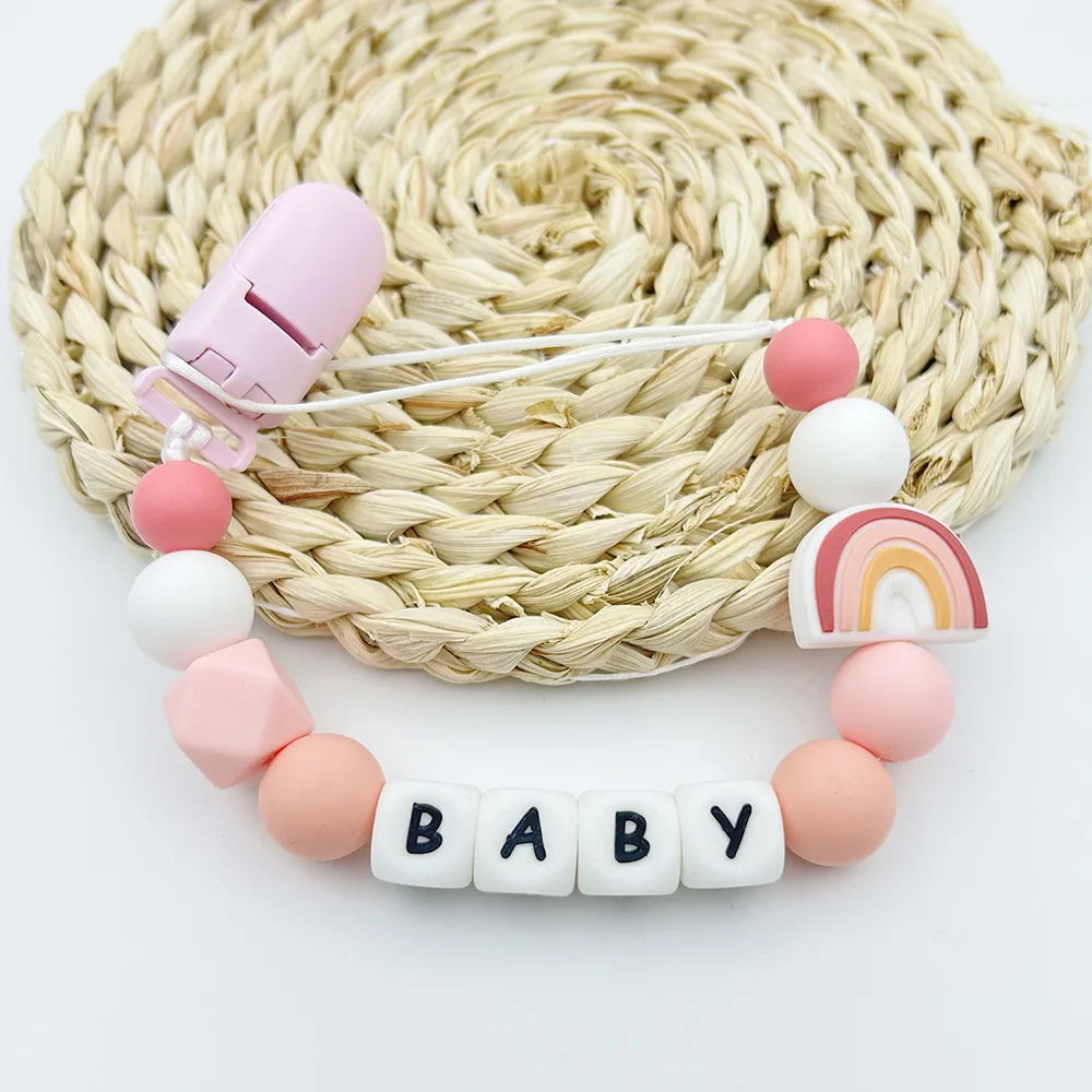 Personalized Baby Name Pacifier with Rainbow Silicone Beads Chew Toy Toddler Pacifiers Chain Clip Anti-Drop Nipple Holder Accessory