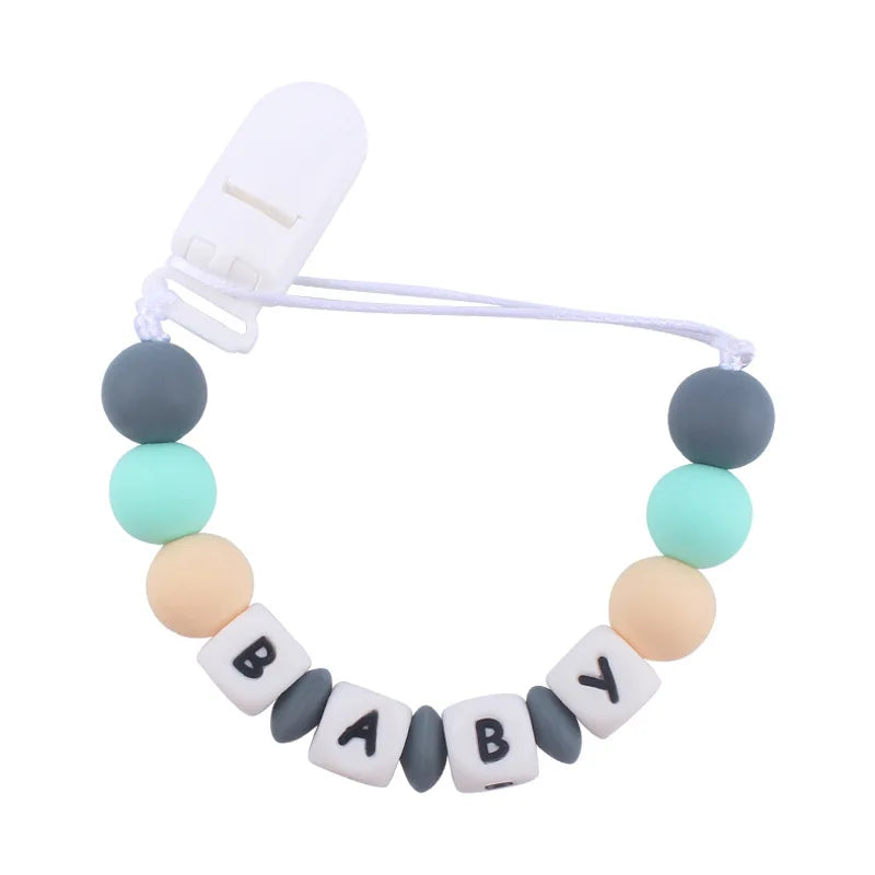 Personalized Baby Name Pacifier with Rainbow Silicone Beads Chew Toy Toddler Pacifiers Chain Clip Anti-Drop Nipple Holder Accessory
