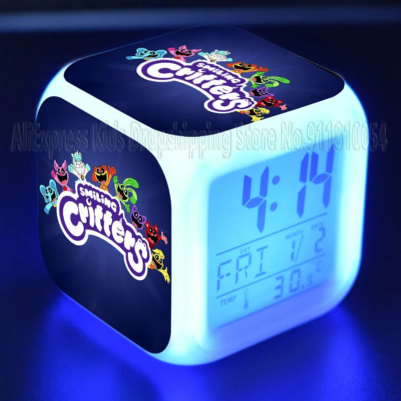 Smiling Critter LED Night Light Alarm Clock Catnap Cartoon Desk Clock with Date & Temperature Display for Kids Birthday Gift