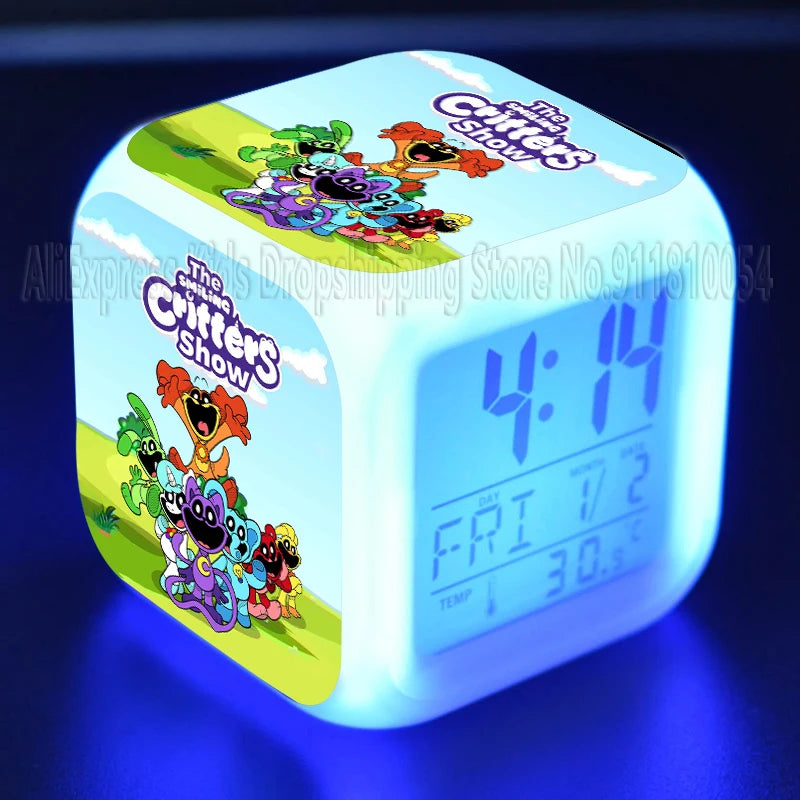 Smiling Critter LED Night Light Alarm Clock Catnap Cartoon Desk Clock with Date & Temperature Display for Kids Birthday Gift