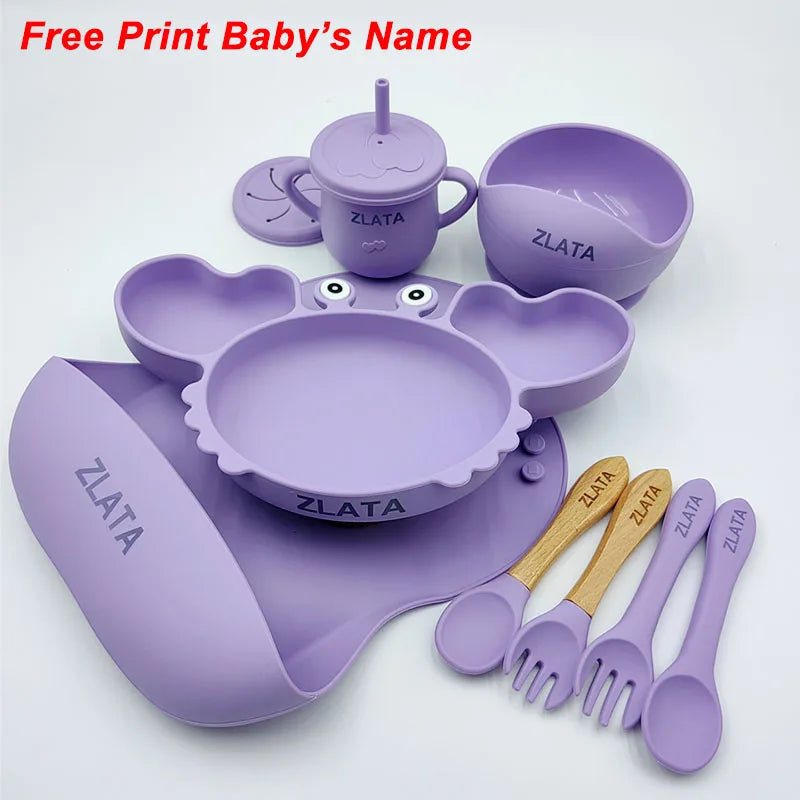 Silicone Baby Feeding Set with Crab Plate Suction Bowl Tray Bib Spoon - Personalized Name Kids Diningware in Assorted Colors