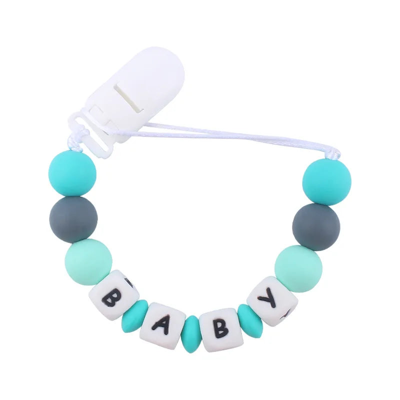 Personalized Baby Name Pacifier with Rainbow Silicone Beads Chew Toy Toddler Pacifiers Chain Clip Anti-Drop Nipple Holder Accessory