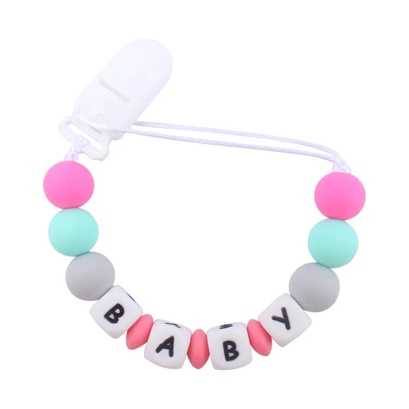 Personalized Baby Name Pacifier with Rainbow Silicone Beads Chew Toy Toddler Pacifiers Chain Clip Anti-Drop Nipple Holder Accessory