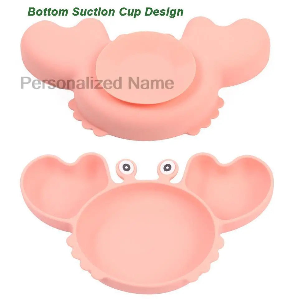 Silicone Baby Feeding Set with Crab Plate Suction Bowl Tray Bib Spoon - Personalized Name Kids Diningware in Assorted Colors