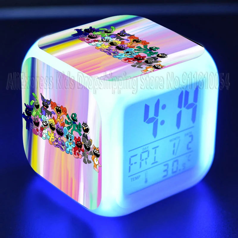 Smiling Critter LED Night Light Alarm Clock Catnap Cartoon Desk Clock with Date & Temperature Display for Kids Birthday Gift