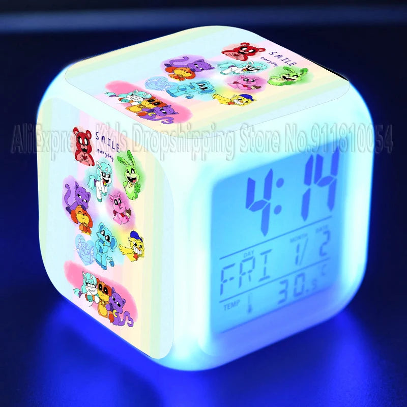 Smiling Critter LED Night Light Alarm Clock Catnap Cartoon Desk Clock with Date & Temperature Display for Kids Birthday Gift