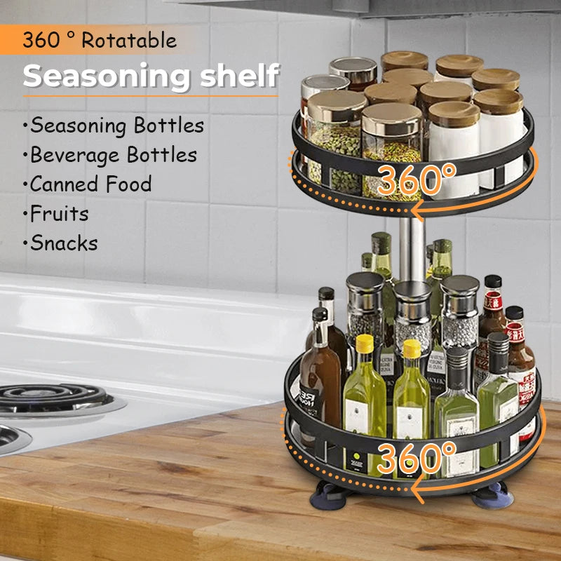 360°Rotation Spice Rack Organizer Jar Non-Skid Carbon Steel Storage Tray For Seasonings And Spices Cans