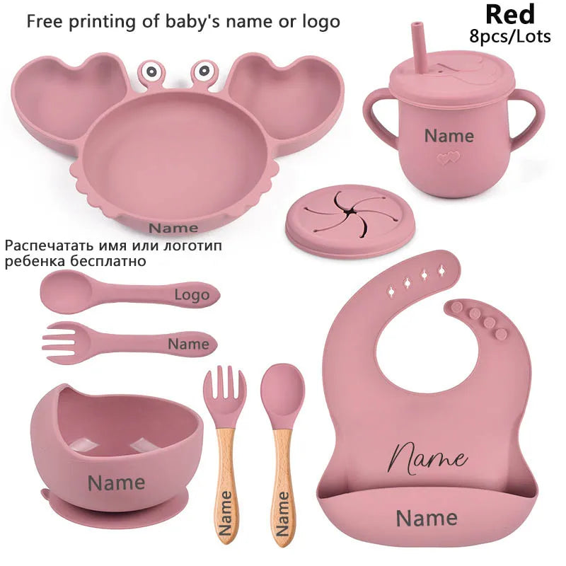 Silicone Baby Feeding Set with Crab Plate Suction Bowl Tray Bib Spoon - Personalized Name Kids Diningware in Assorted Colors