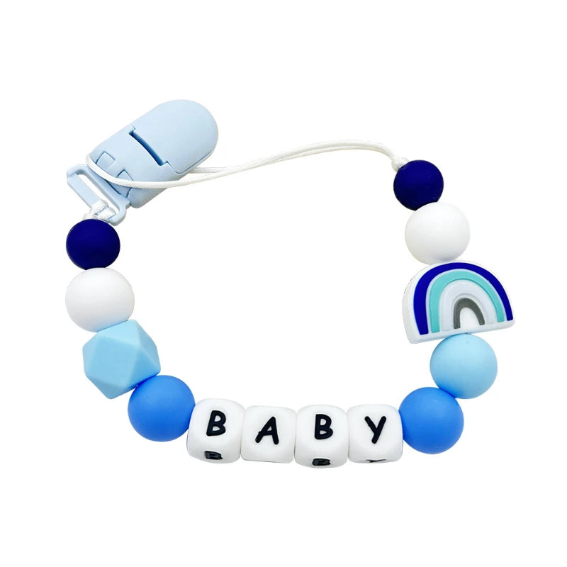 Personalized Baby Name Pacifier with Rainbow Silicone Beads Chew Toy Toddler Pacifiers Chain Clip Anti-Drop Nipple Holder Accessory