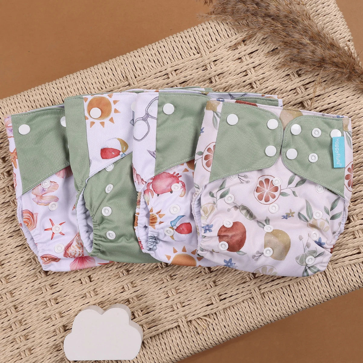 Happyflute 4Pcs/Set Eco-Friendly Reusable Baby Cloth Diapers Unisex 0-1Y Polyester Nappies Suitable for 3-15 Kg Weight