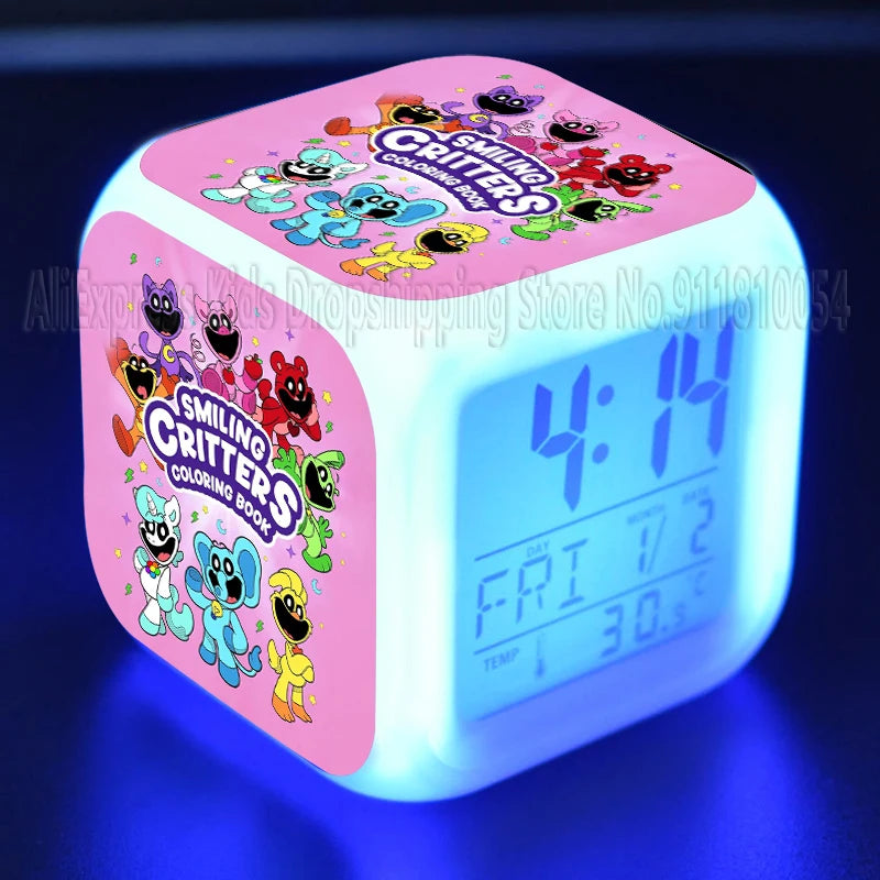 Smiling Critter LED Night Light Alarm Clock Catnap Cartoon Desk Clock with Date & Temperature Display for Kids Birthday Gift