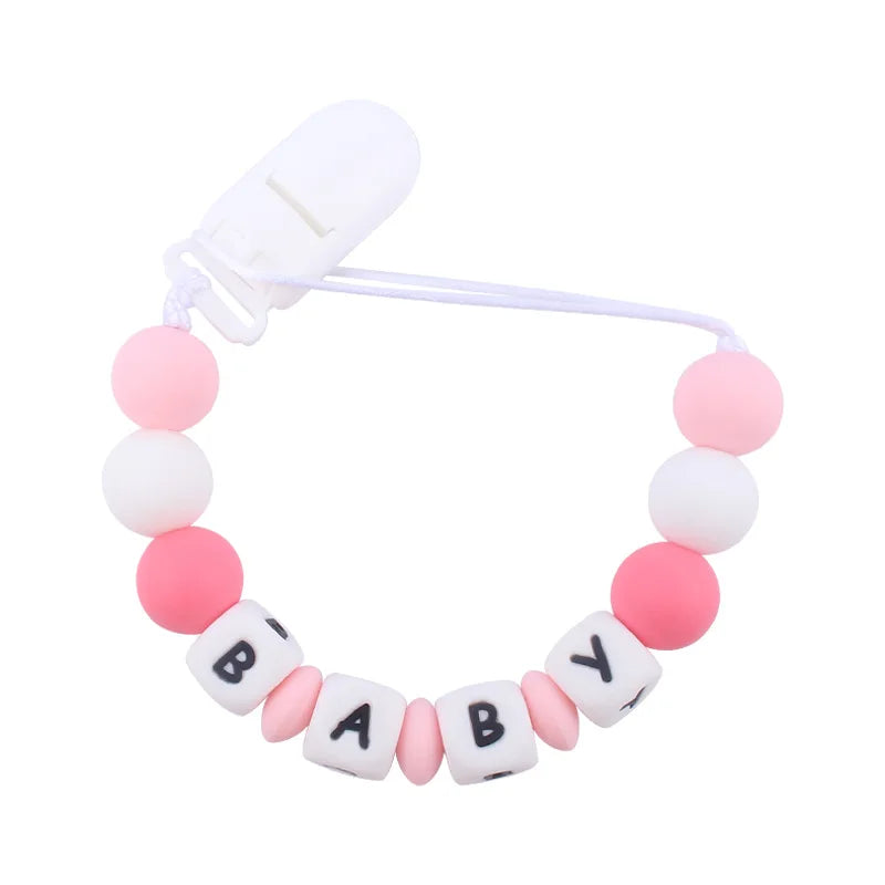 Personalized Baby Name Pacifier with Rainbow Silicone Beads Chew Toy Toddler Pacifiers Chain Clip Anti-Drop Nipple Holder Accessory