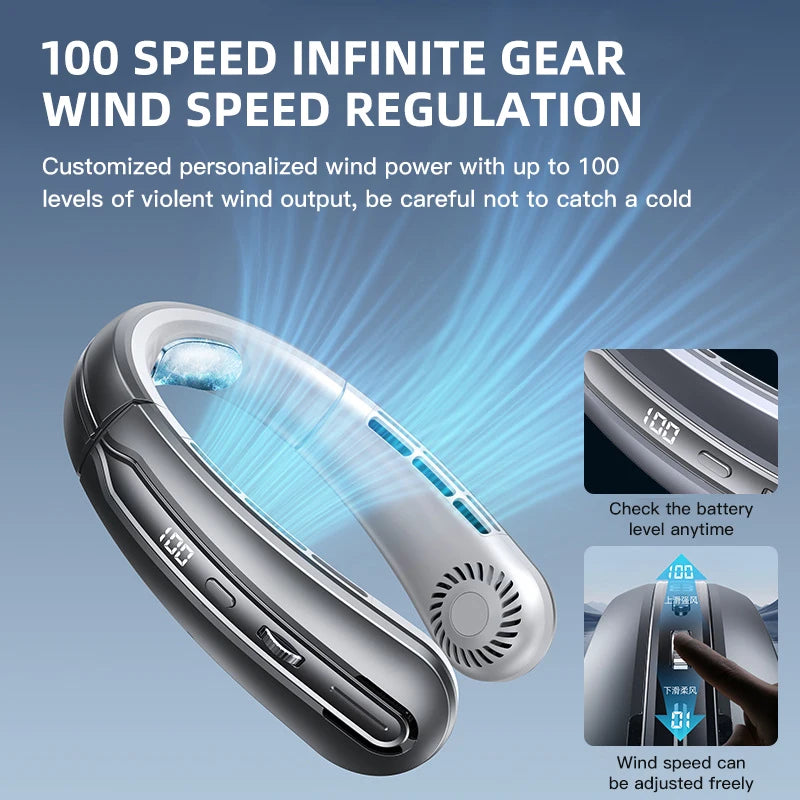 3000mAh Hanging Neck Fan Portable Bladeless Mini USB Rechargeable Mute LED Digital Display Electric Fan
