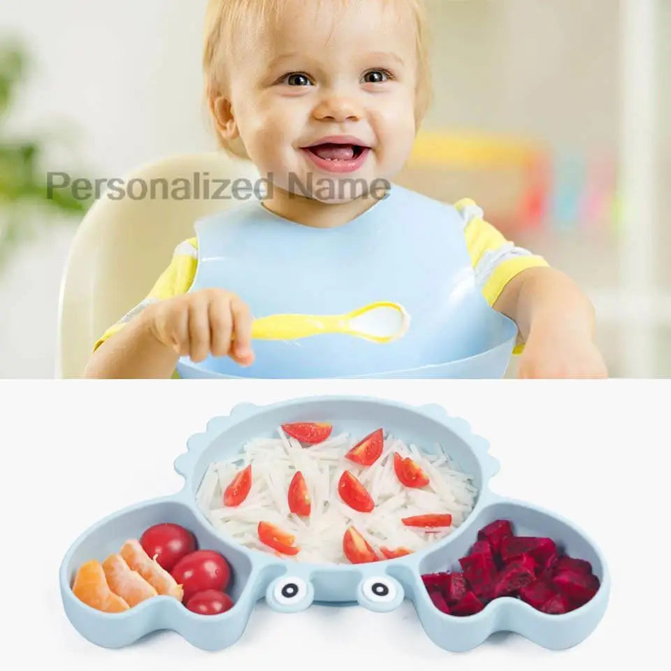 Silicone Baby Feeding Set with Crab Plate Suction Bowl Tray Bib Spoon - Personalized Name Kids Diningware in Assorted Colors