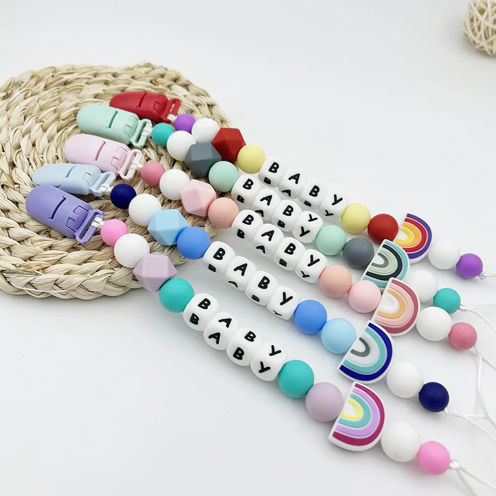 Personalized Baby Name Pacifier with Rainbow Silicone Beads Chew Toy Toddler Pacifiers Chain Clip Anti-Drop Nipple Holder Accessory