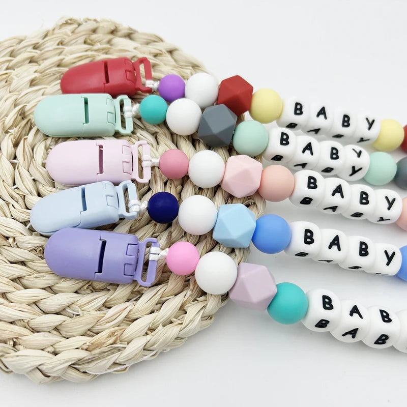 Personalized Baby Name Pacifier with Rainbow Silicone Beads Chew Toy Toddler Pacifiers Chain Clip Anti-Drop Nipple Holder Accessory