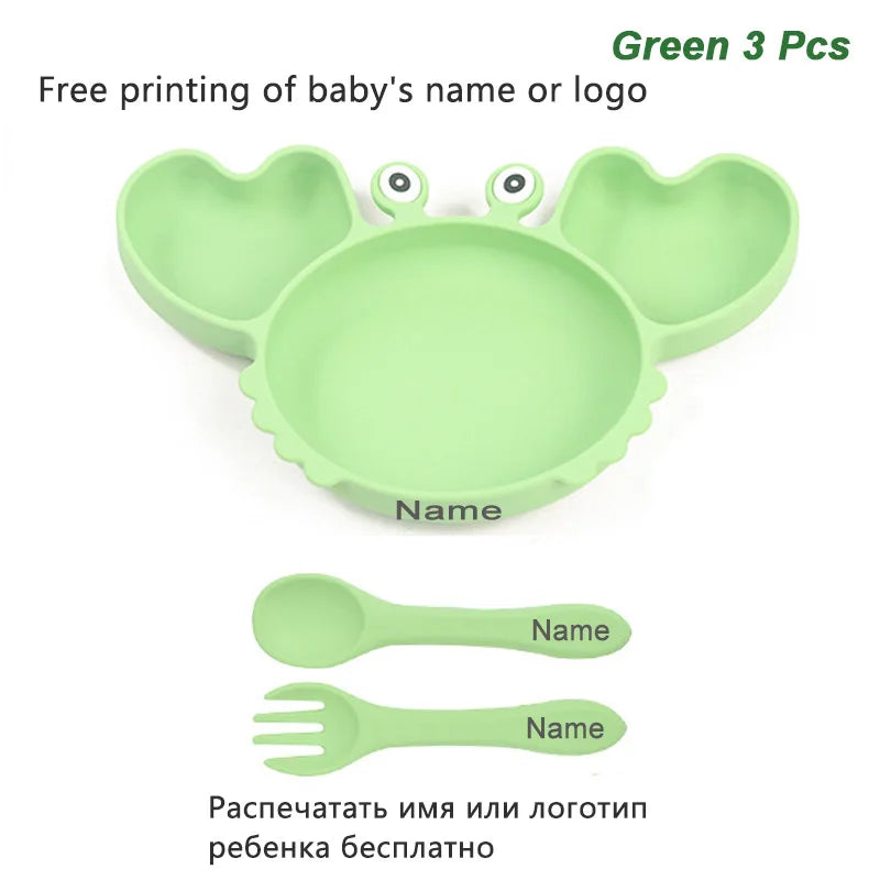 Silicone Baby Feeding Set with Crab Plate Suction Bowl Tray Bib Spoon - Personalized Name Kids Diningware in Assorted Colors