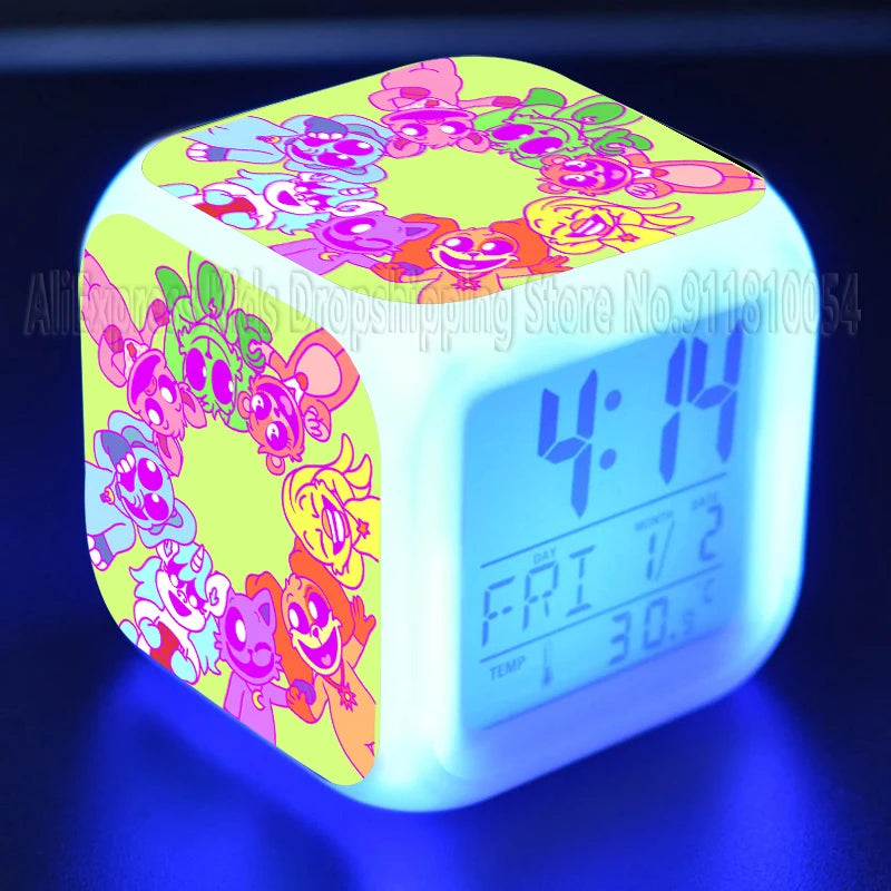 Smiling Critter LED Night Light Alarm Clock Catnap Cartoon Desk Clock with Date & Temperature Display for Kids Birthday Gift