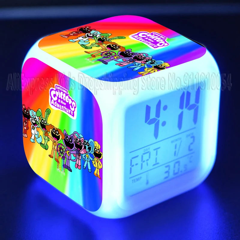 Smiling Critter LED Night Light Alarm Clock Catnap Cartoon Desk Clock with Date & Temperature Display for Kids Birthday Gift