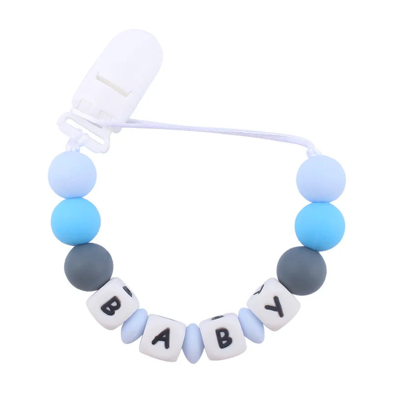 Personalized Baby Name Pacifier with Rainbow Silicone Beads Chew Toy Toddler Pacifiers Chain Clip Anti-Drop Nipple Holder Accessory