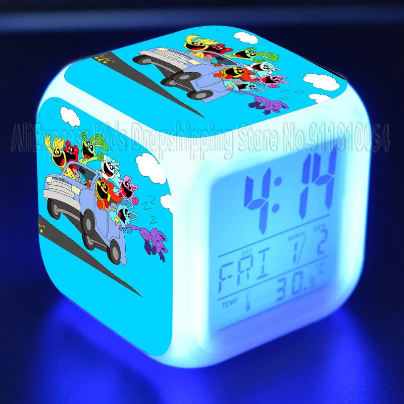 Smiling Critter LED Night Light Alarm Clock Catnap Cartoon Desk Clock with Date & Temperature Display for Kids Birthday Gift