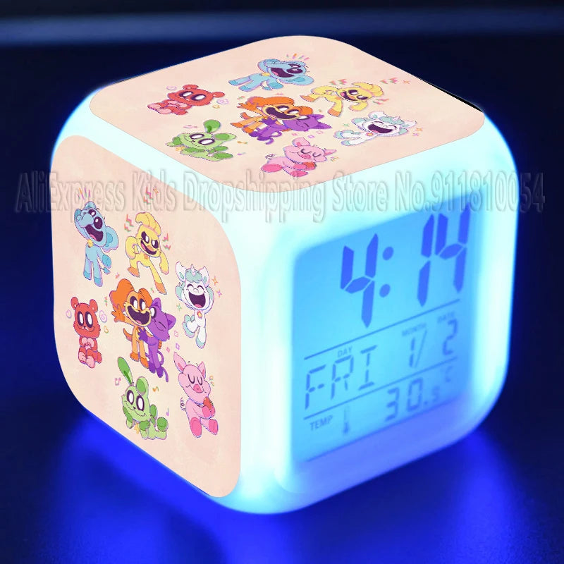 Smiling Critter LED Night Light Alarm Clock Catnap Cartoon Desk Clock with Date & Temperature Display for Kids Birthday Gift