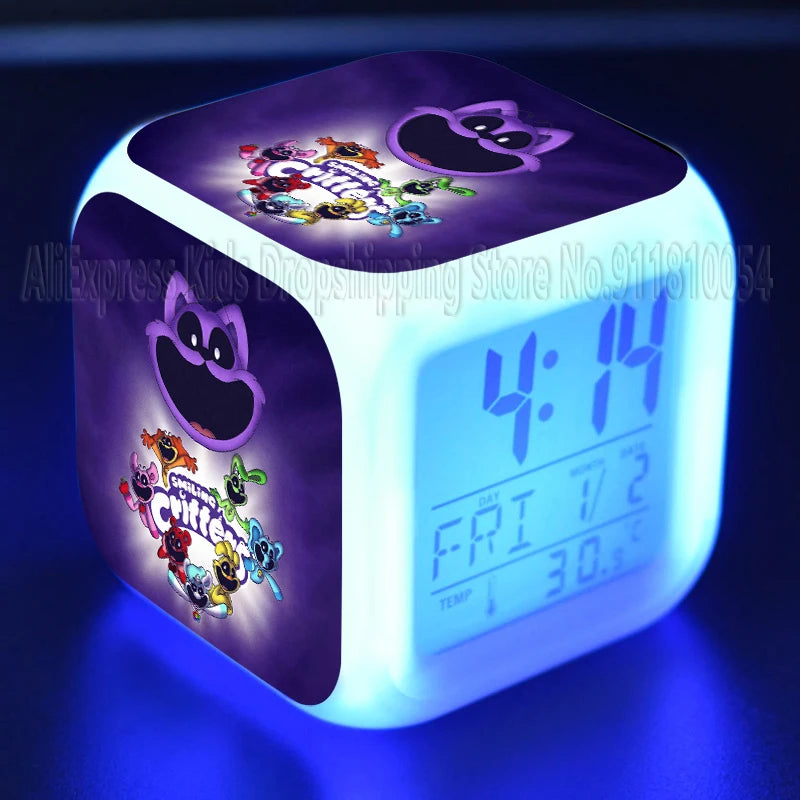 Smiling Critter LED Night Light Alarm Clock Catnap Cartoon Desk Clock with Date & Temperature Display for Kids Birthday Gift