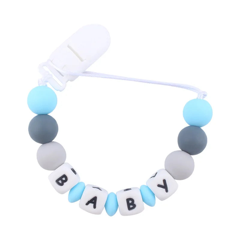 Personalized Baby Name Pacifier with Rainbow Silicone Beads Chew Toy Toddler Pacifiers Chain Clip Anti-Drop Nipple Holder Accessory