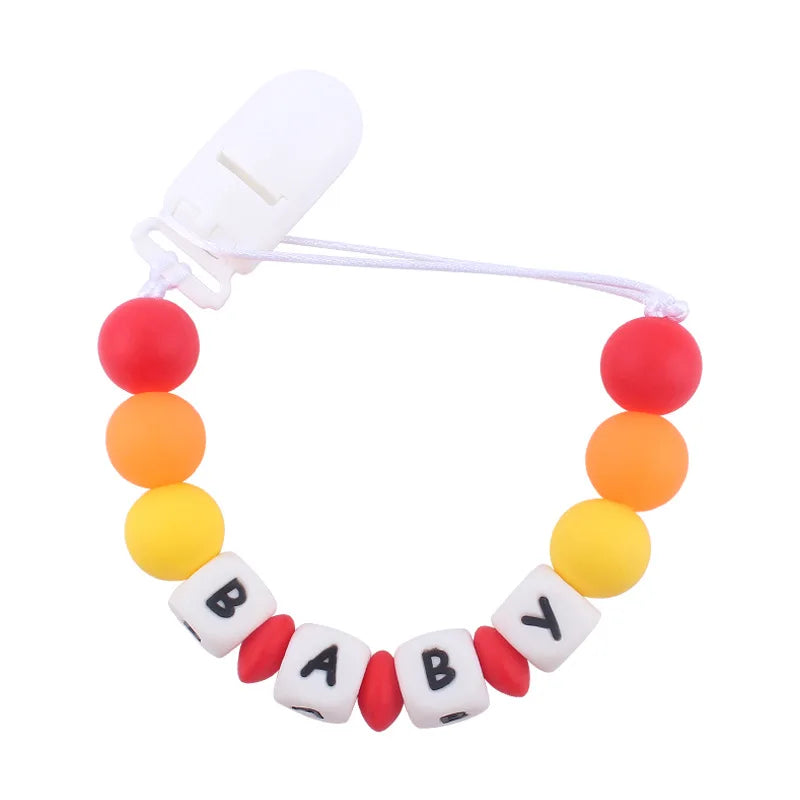 Personalized Baby Name Pacifier with Rainbow Silicone Beads Chew Toy Toddler Pacifiers Chain Clip Anti-Drop Nipple Holder Accessory