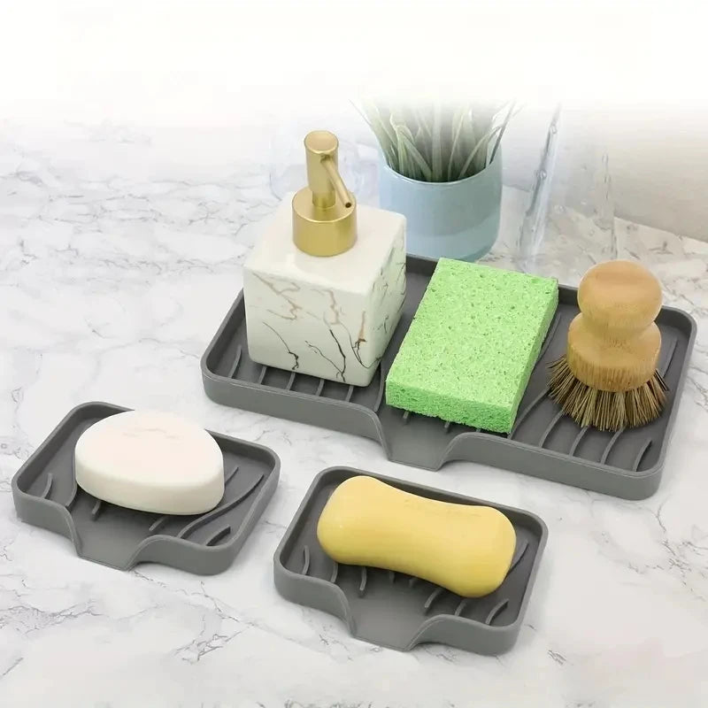 Sink Silicone Tray With Drain Soap Sponge Storage Holder Countertop Sink Scrubber Brush Soap