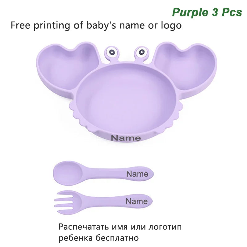 Silicone Baby Feeding Set with Crab Plate Suction Bowl Tray Bib Spoon - Personalized Name Kids Diningware in Assorted Colors