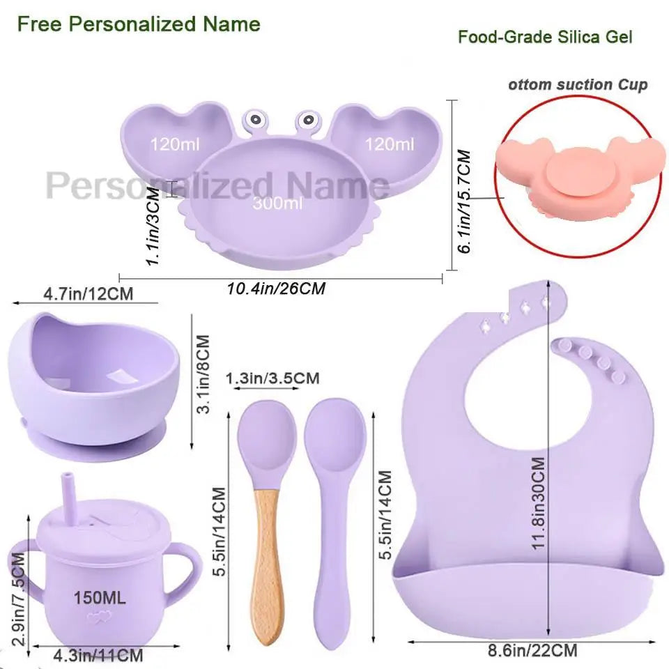 Silicone Baby Feeding Set with Crab Plate Suction Bowl Tray Bib Spoon - Personalized Name Kids Diningware in Assorted Colors