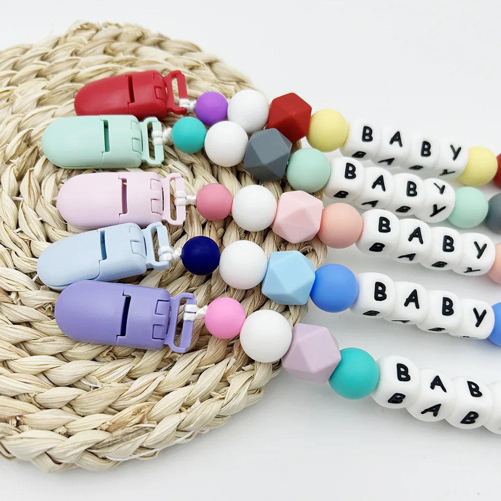 Personalized Baby Name Pacifier with Rainbow Silicone Beads Chew Toy Toddler Pacifiers Chain Clip Anti-Drop Nipple Holder Accessory