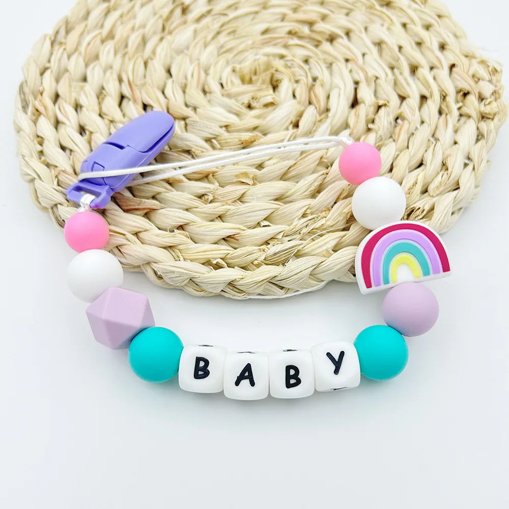 Personalized Baby Name Pacifier with Rainbow Silicone Beads Chew Toy Toddler Pacifiers Chain Clip Anti-Drop Nipple Holder Accessory