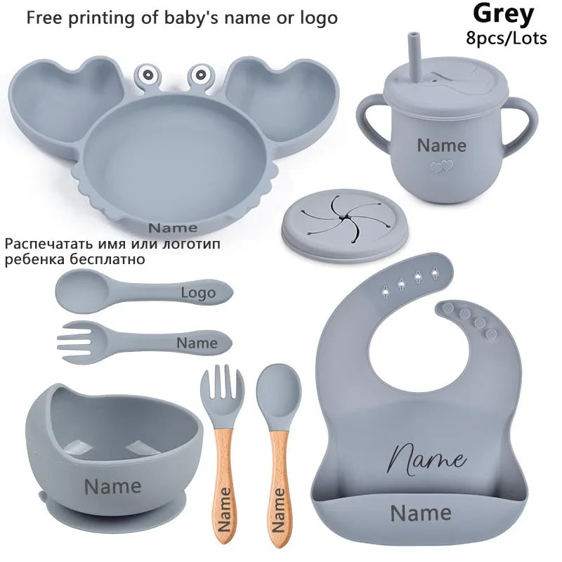 Silicone Baby Feeding Set with Crab Plate Suction Bowl Tray Bib Spoon - Personalized Name Kids Diningware in Assorted Colors