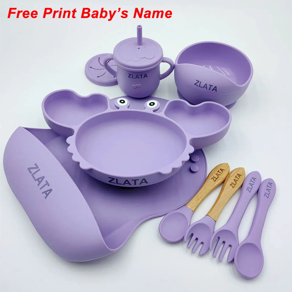 Silicone Baby Feeding Set with Crab Plate Suction Bowl Tray Bib Spoon - Personalized Name Kids Diningware in Assorted Colors