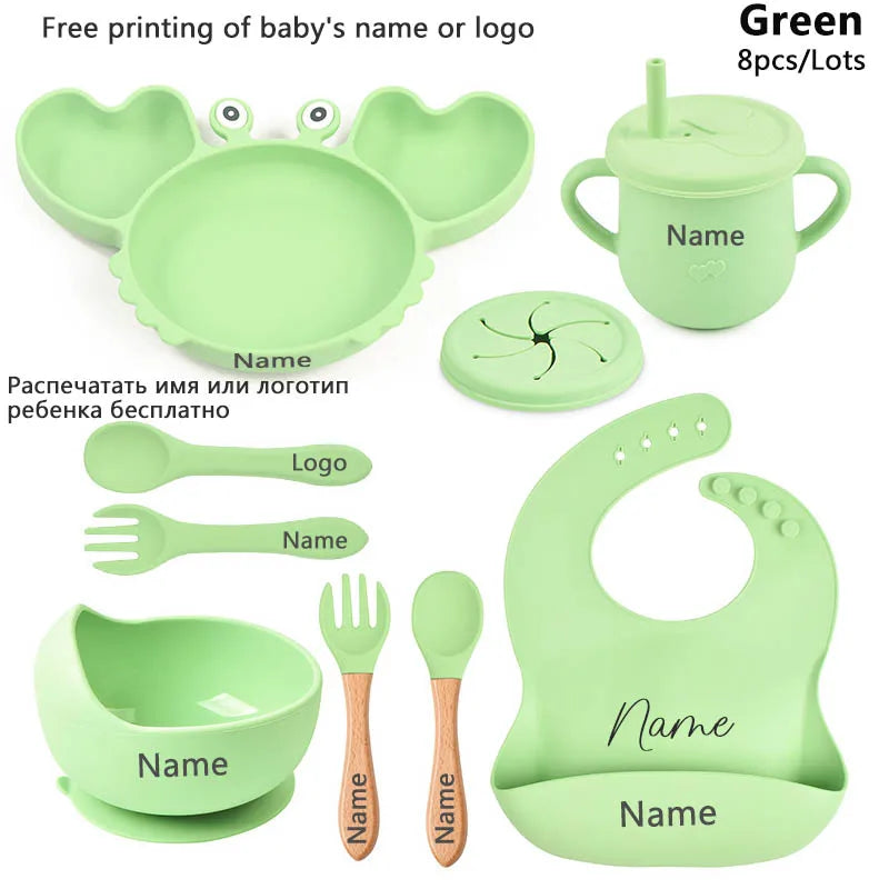 Silicone Baby Feeding Set with Crab Plate Suction Bowl Tray Bib Spoon - Personalized Name Kids Diningware in Assorted Colors