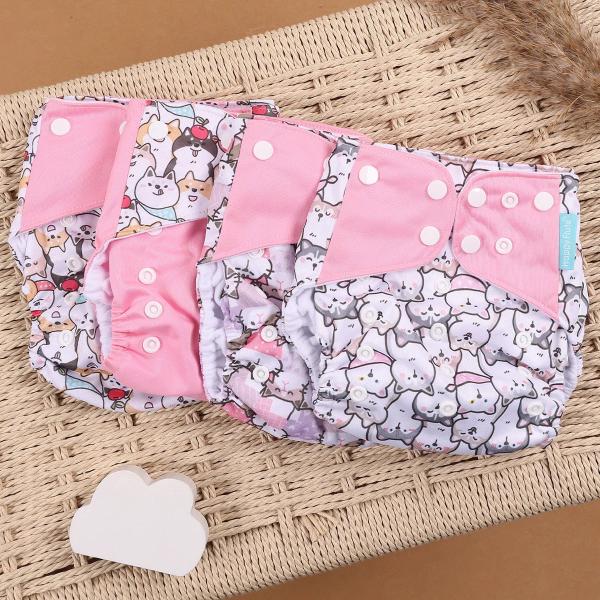 Happyflute 4Pcs/Set Eco-Friendly Reusable Baby Cloth Diapers Unisex 0-1Y Polyester Nappies Suitable for 3-15 Kg Weight