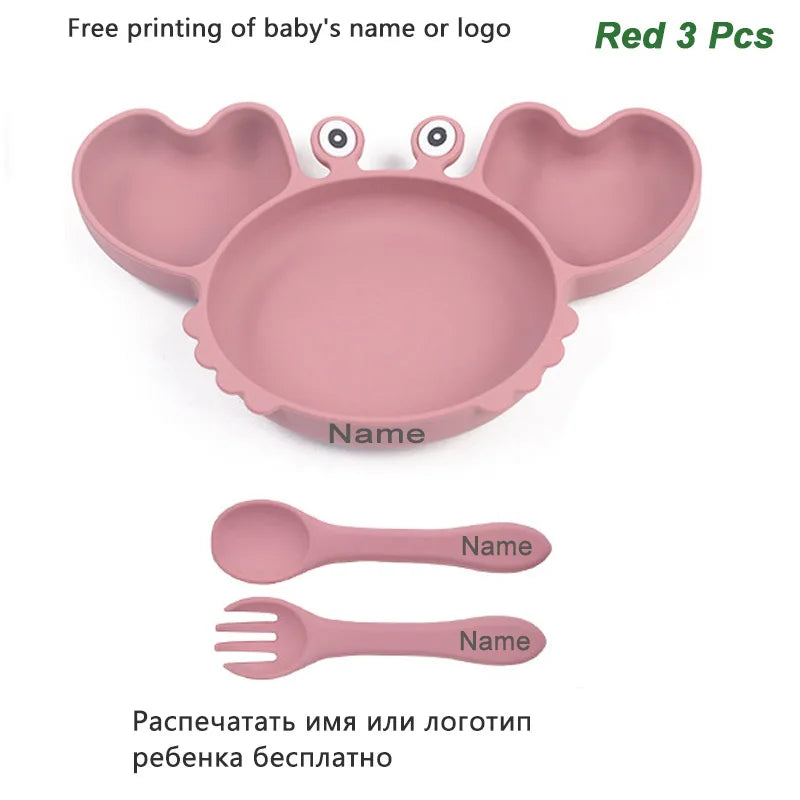 Silicone Baby Feeding Set with Crab Plate Suction Bowl Tray Bib Spoon - Personalized Name Kids Diningware in Assorted Colors