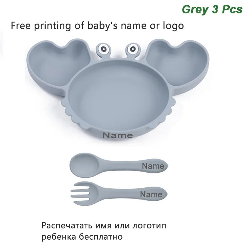 Silicone Baby Feeding Set with Crab Plate Suction Bowl Tray Bib Spoon - Personalized Name Kids Diningware in Assorted Colors