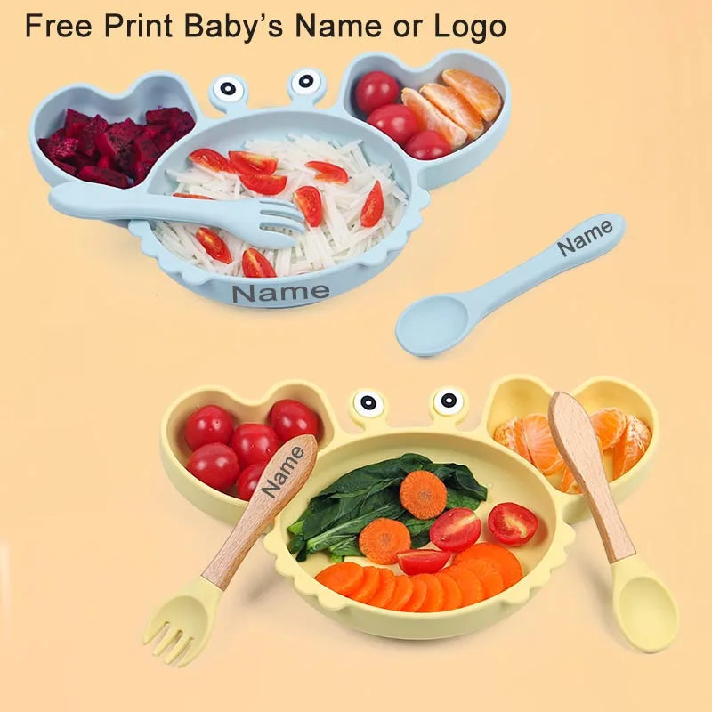 Silicone Baby Feeding Set with Crab Plate Suction Bowl Tray Bib Spoon - Personalized Name Kids Diningware in Assorted Colors