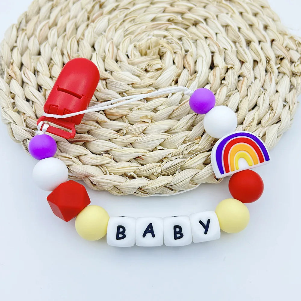 Personalized Baby Name Pacifier with Rainbow Silicone Beads Chew Toy Toddler Pacifiers Chain Clip Anti-Drop Nipple Holder Accessory