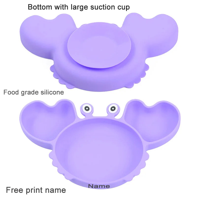 Silicone Baby Feeding Set with Crab Plate Suction Bowl Tray Bib Spoon - Personalized Name Kids Diningware in Assorted Colors