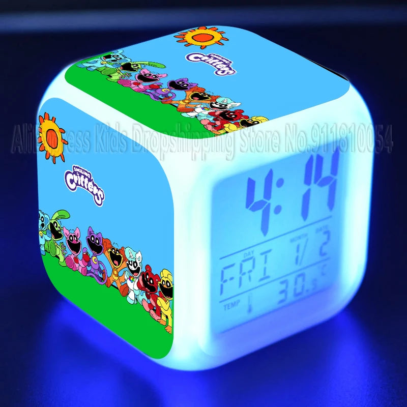 Smiling Critter LED Night Light Alarm Clock Catnap Cartoon Desk Clock with Date & Temperature Display for Kids Birthday Gift
