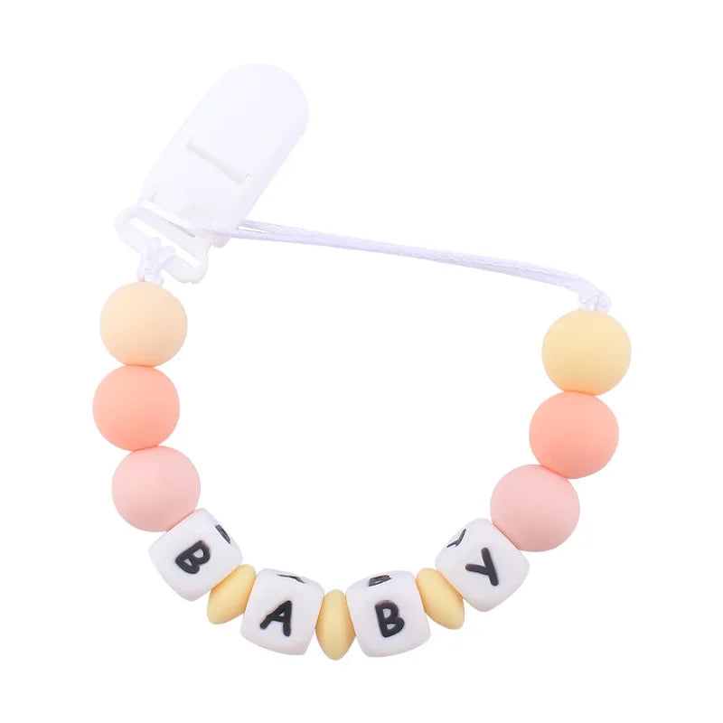 Personalized Baby Name Pacifier with Rainbow Silicone Beads Chew Toy Toddler Pacifiers Chain Clip Anti-Drop Nipple Holder Accessory