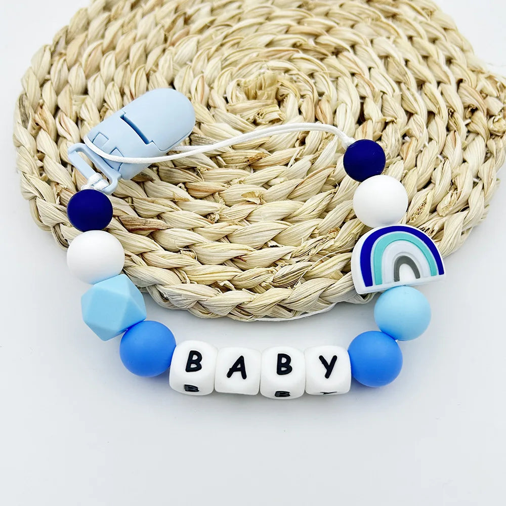 Personalized Baby Name Pacifier with Rainbow Silicone Beads Chew Toy Toddler Pacifiers Chain Clip Anti-Drop Nipple Holder Accessory